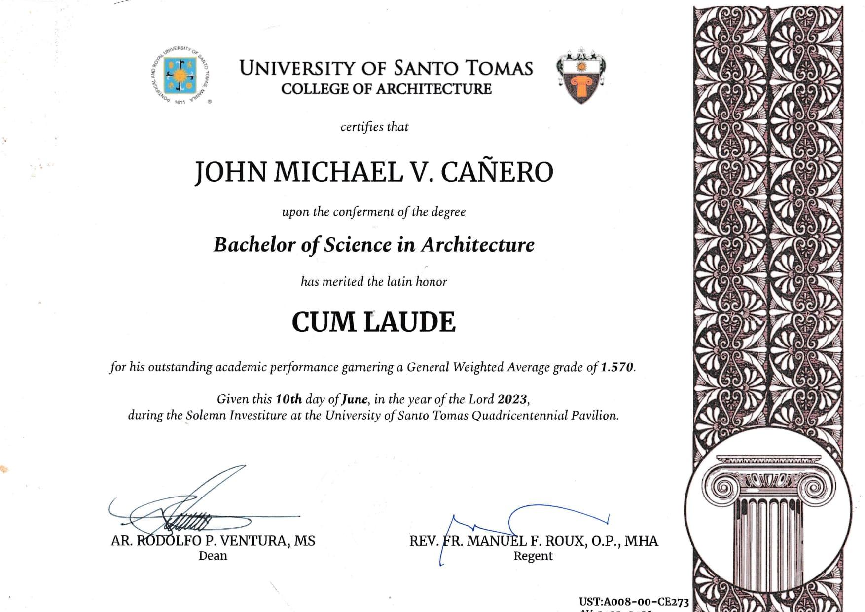 John Cañero - Cum Laude (Bachelor of Science in Architecture)