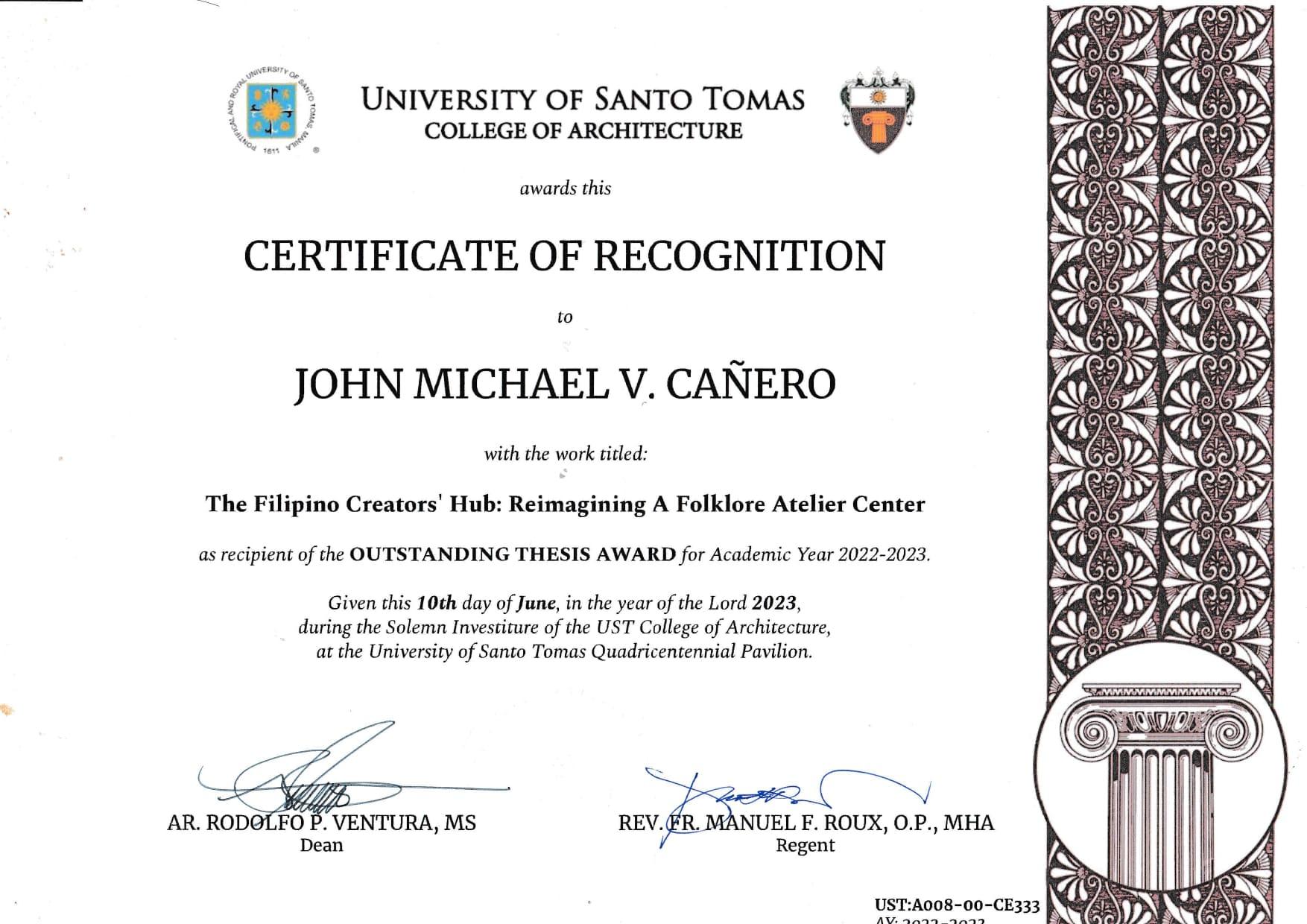 John Cañero - Outstanding Thesis (Bachelor of Science in Architecture)